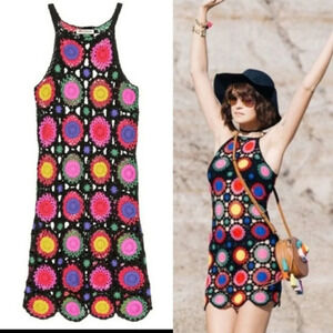 H&M X Coachella Granny Square Knit Bright Colorful Boho Cover Up Dress Size 4